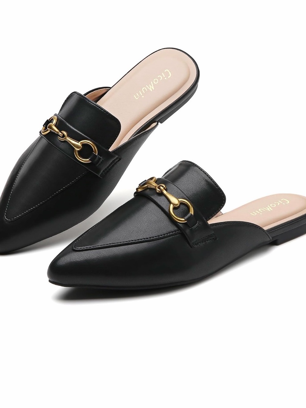 Women's Buckle Mule Loafers Pointed Toe Black Backless Flat Slip-On Slide Size 9